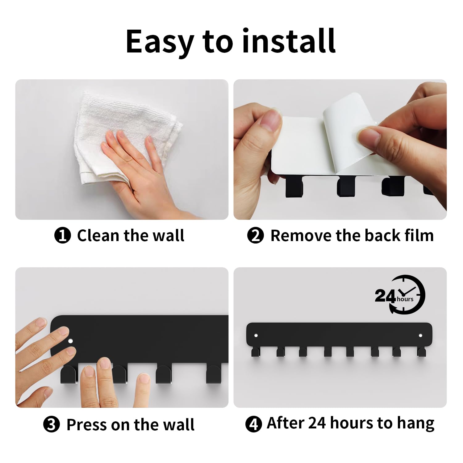 pickpiff 1 Pack Key Holder for Wall Adhesive, Key Hooks with 8 Hooks Wall Mounted, Black Key Hangers for Wall Decor No Drill for Living Room, Kitchen, Office image 4