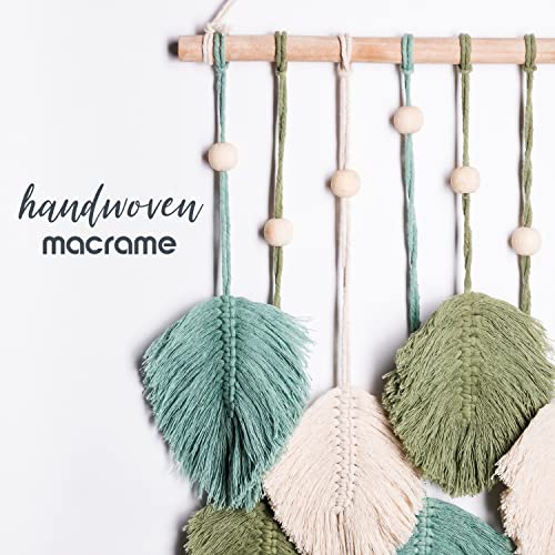 SnugLife Macrame Wall Hanging Leaves - Large Chic Feather Boho Decor, Handmade Yarn Woven Art Leaf Tapestry for Nursery, Bedroom, Living Room, 17 X 22 Inch (Green, Sage Green &amp; Beige) image 6