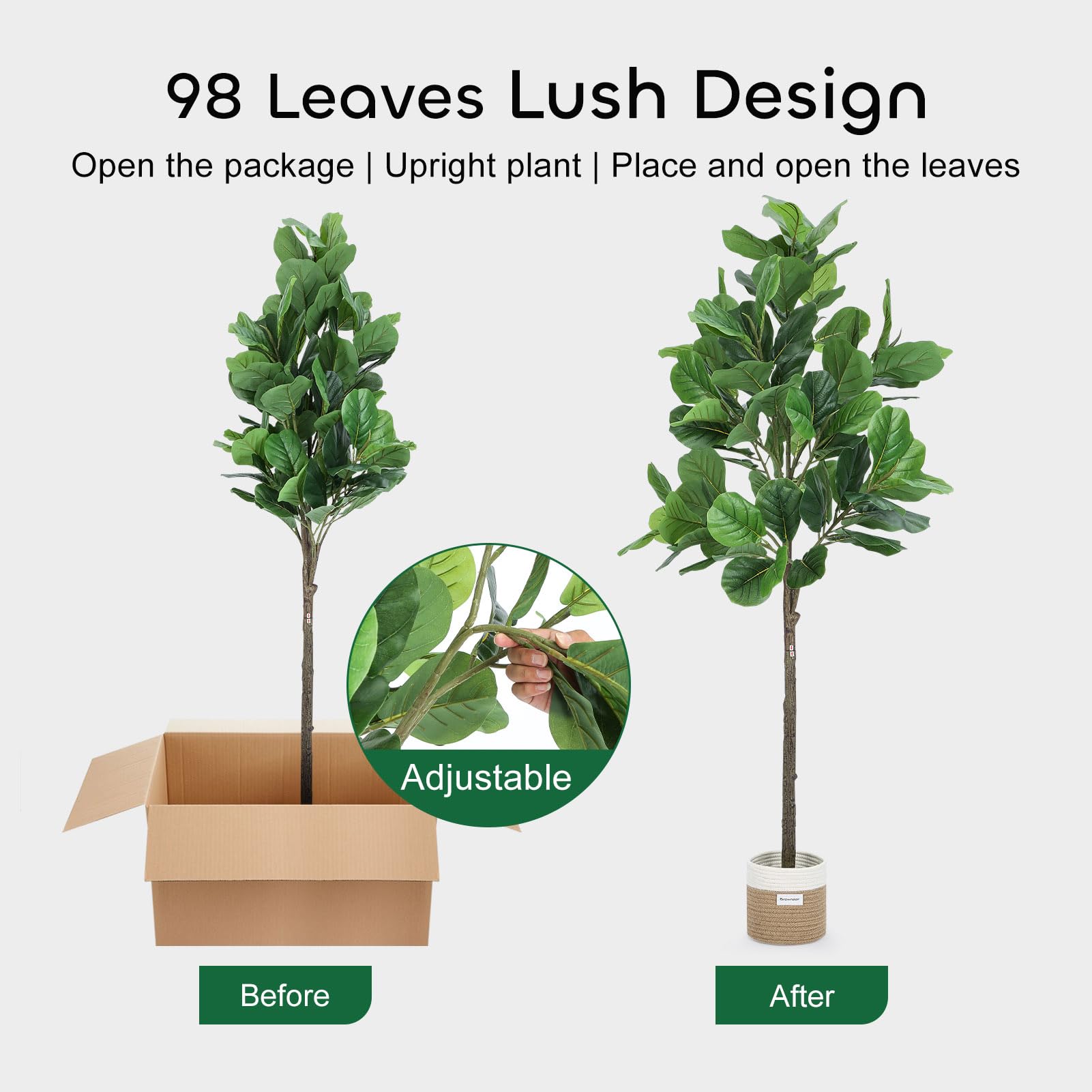 Growneer 6FT Artificial Fiddle Leaf Fig Tree with 98 Large Faux Fiddle Leaves, Dried Moss and Basket Fig Silk Tree Plants in Pot for Indoor Outdoor Divider, Home Office Decor image 6