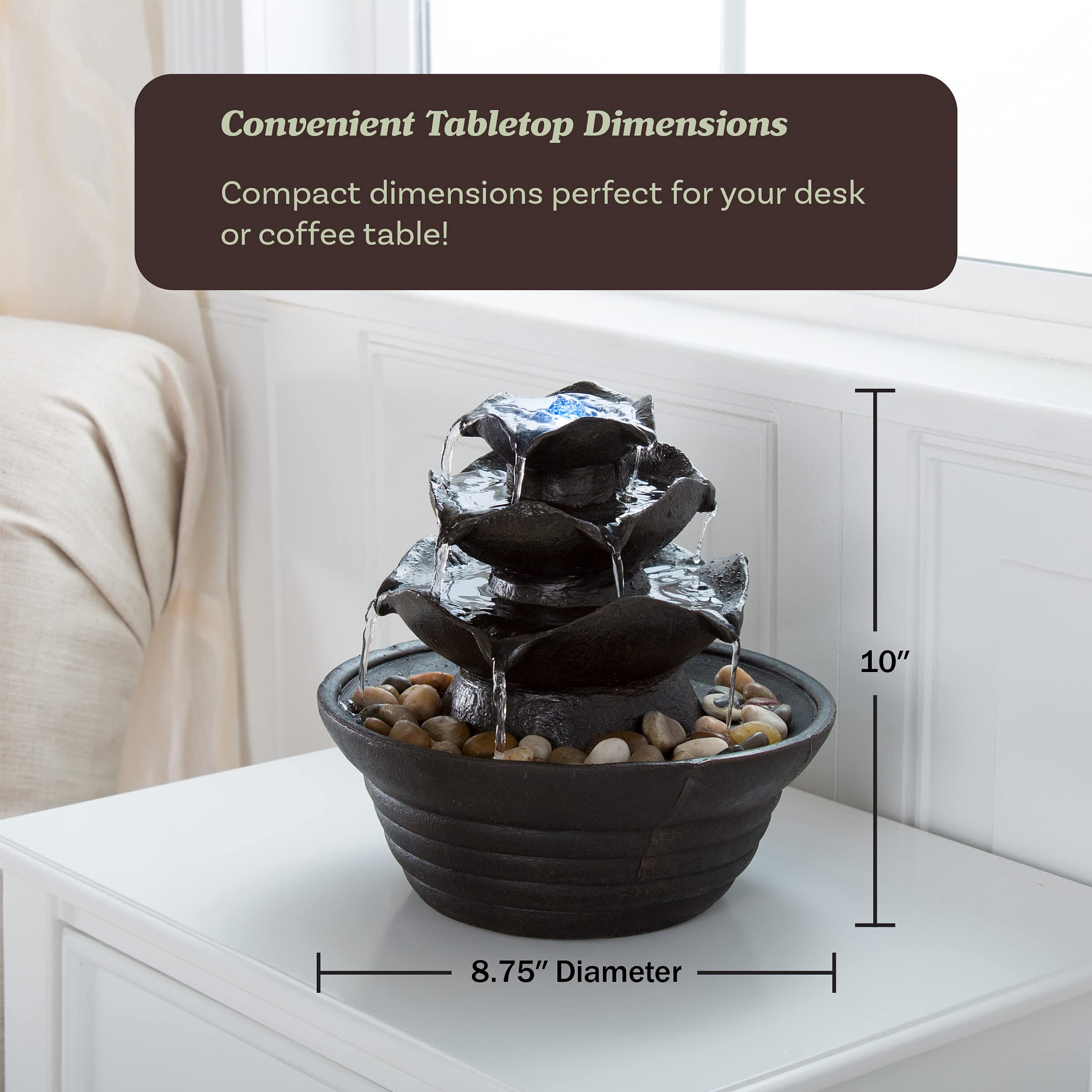 Indoor Fountain with LED Lights – Cascading 3-Tier Lighted Tabletop Water Feature with Soothing Sound – Zen Décor for Home or Office by Pure Garden image 3