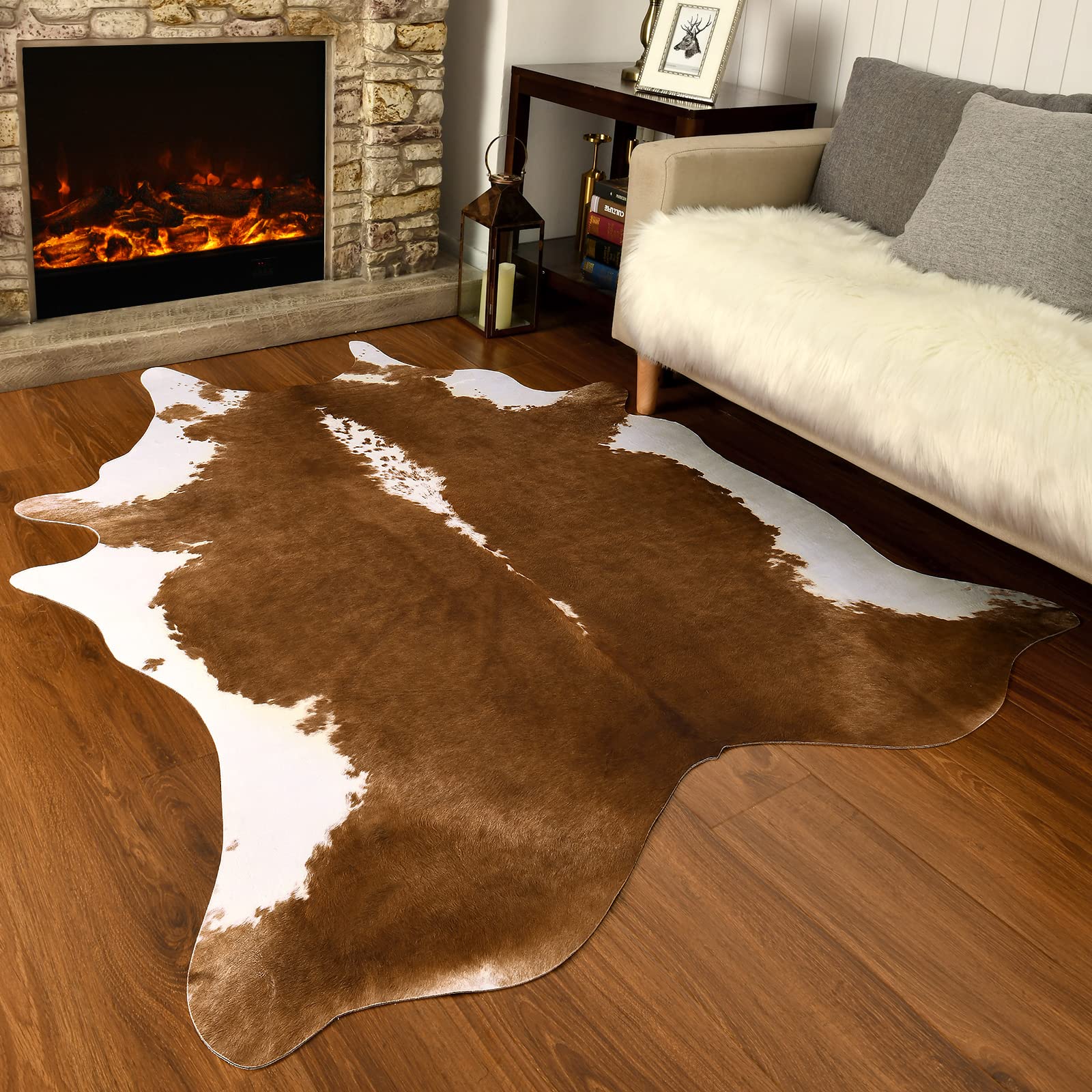 AROGAN Premium Faux Cowhide Rug 4.6 x 5.2 Feet, Sturdy and Large Size Cow Print Rugs, Suitable for Bedroom Living Room Western Decor, Faux Fur Animal Cow Hide Carpet, Brown image 6