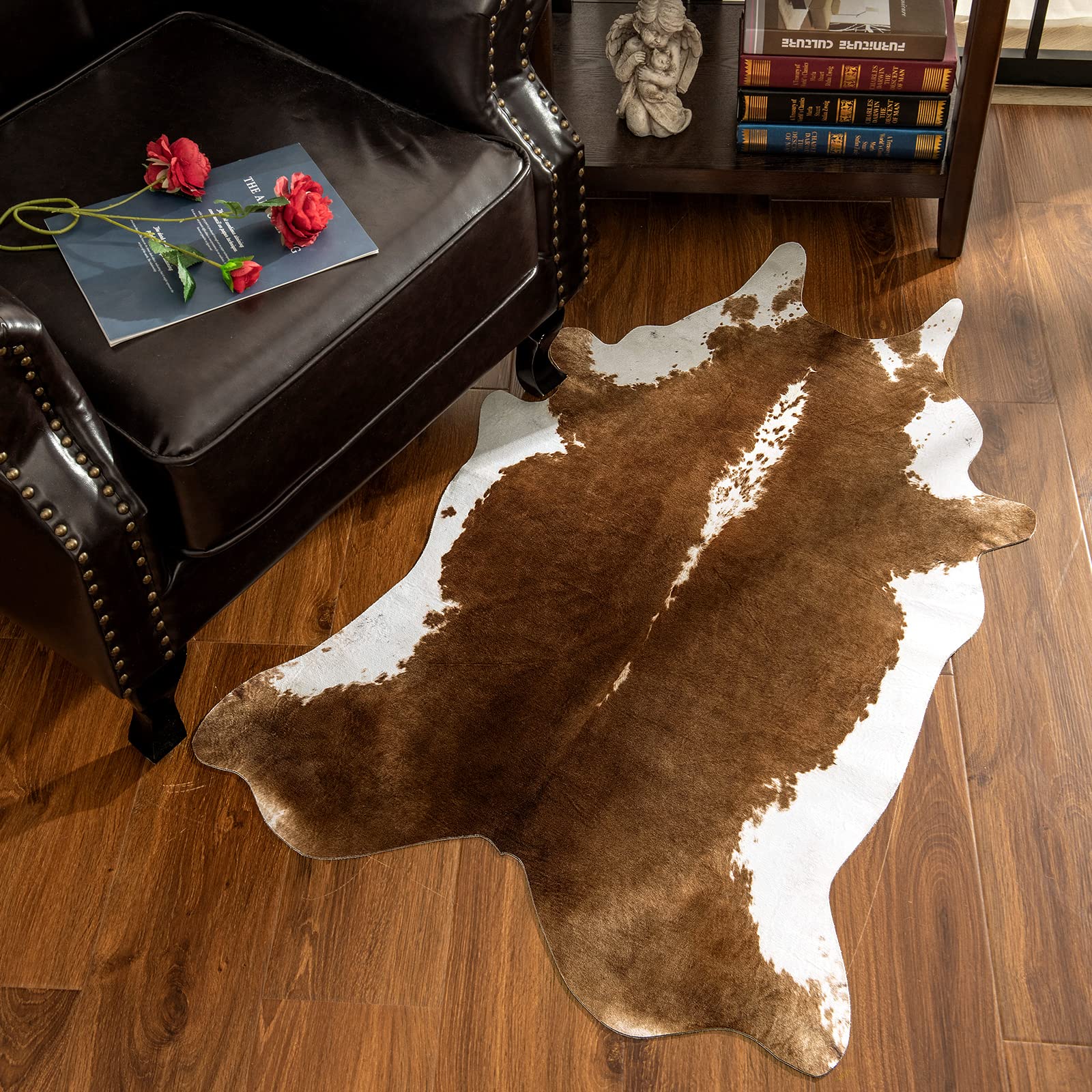 AROGAN Premium Faux Cowhide Rug 4.6 x 5.2 Feet, Sturdy and Large Size Cow Print Rugs, Suitable for Bedroom Living Room Western Decor, Faux Fur Animal Cow Hide Carpet, Brown image 4