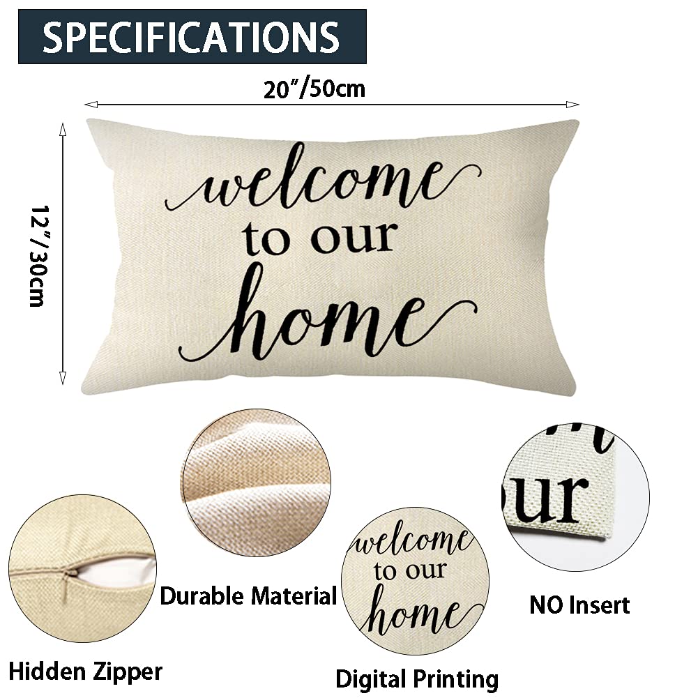 Ogiselestyle Farmhouse Pillow Covers with Welcome to Our Home Quotes 12 x 20 Inch Home Decorative Cushion Case for Sofa Couch Housewarming Gifts Family Room Décor image 1