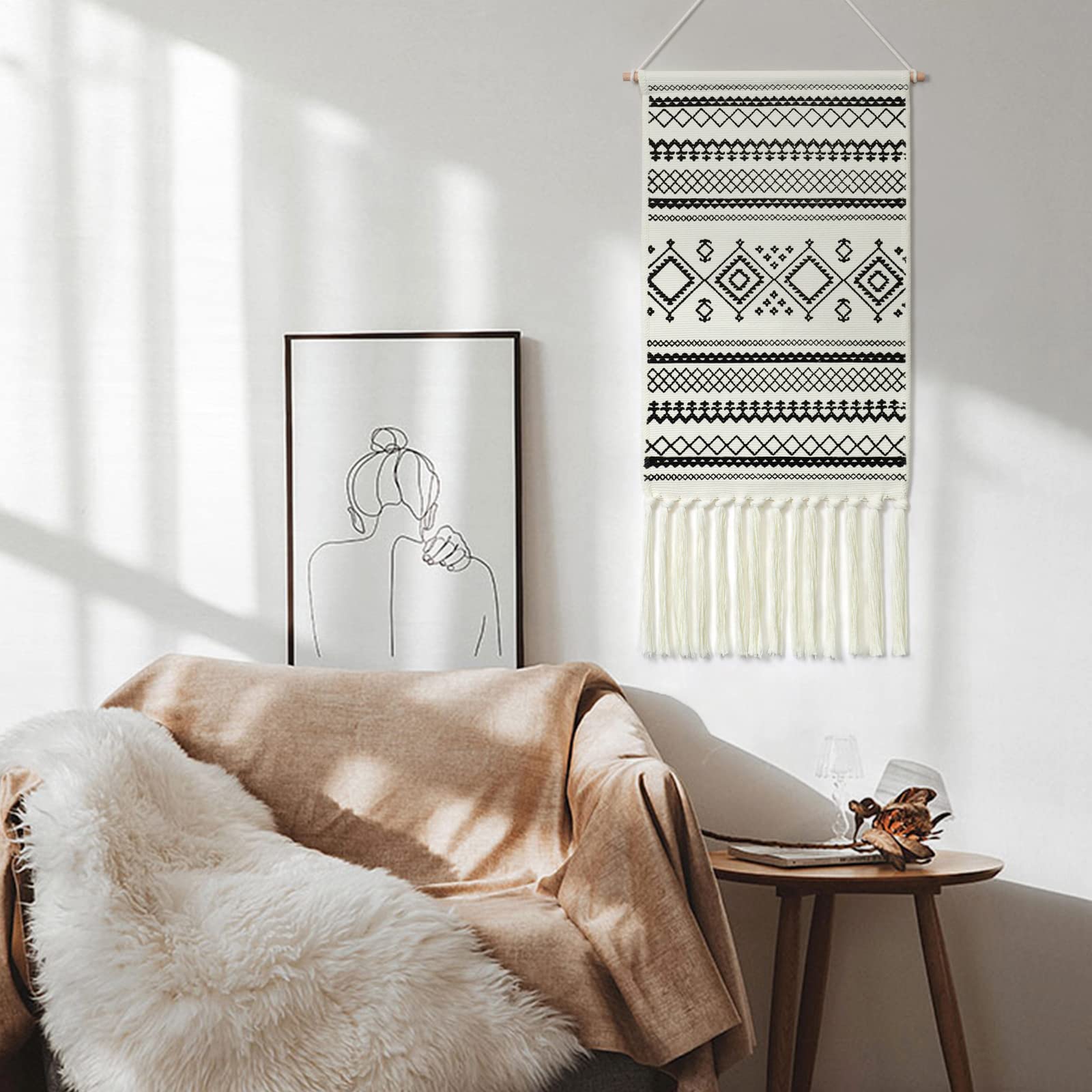 Dremisland Macrame Woven Wall Hanging Tapestry- Boho Chic Bohemian Home Decor Geometric Art Decor Boho Backdrop - Beautiful Apartment Dorm Room Door Decoration, 17.7" W x 32" L (Sendia-Black) image 4