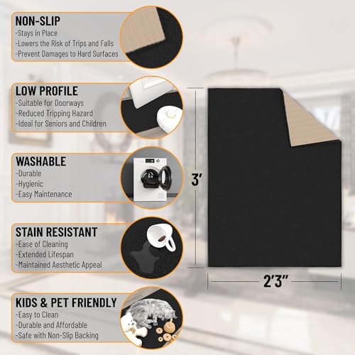 Machine Washable Modern Solid Design Non-Slip Rubberback 2x3 Traditional Area Rug for Entryway, Bedroom, Kitchen, Bathroom, 2'3" x 3', Black image 11