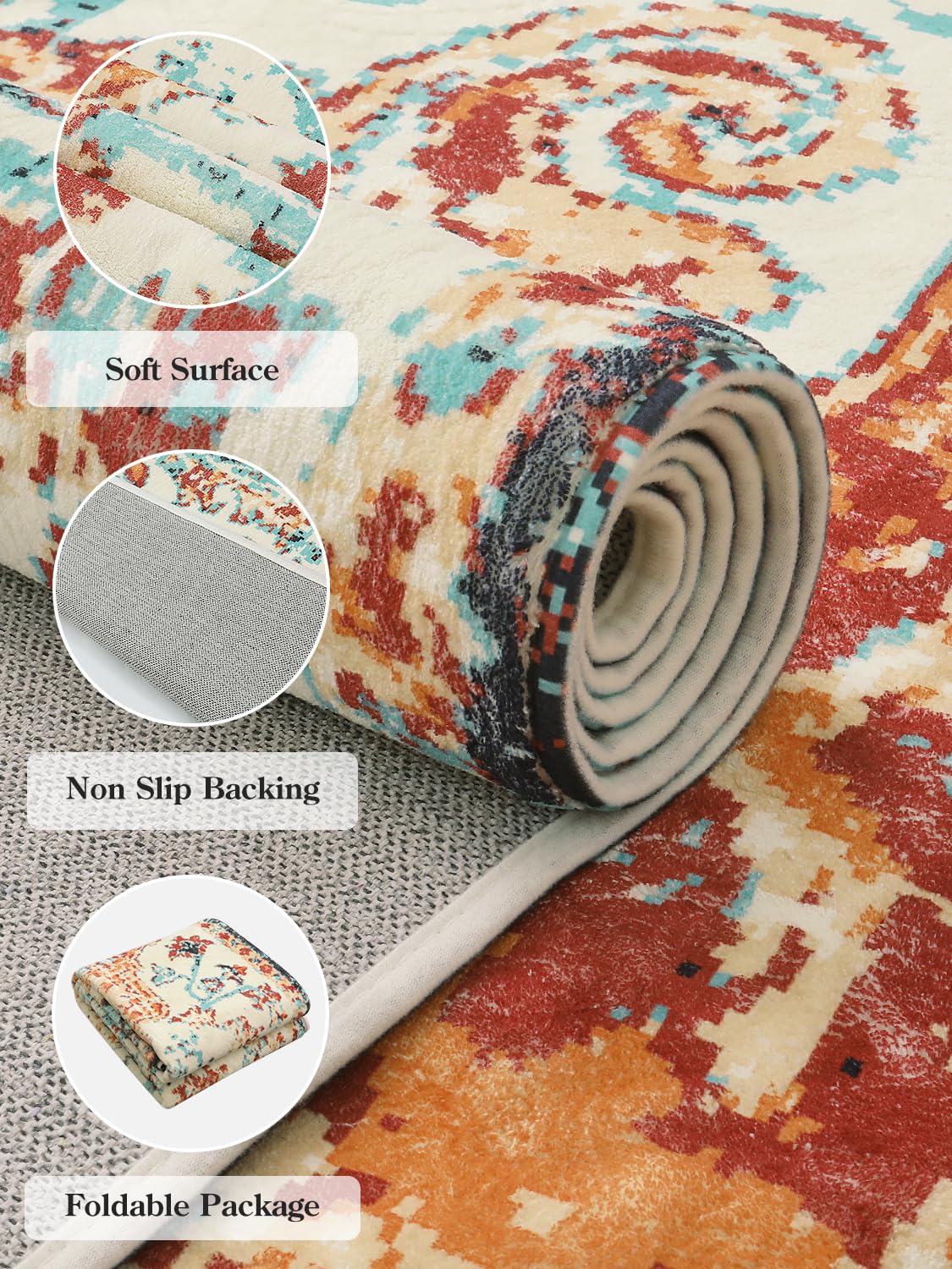 Lahome Washable Round Rugs 5'3"ft, Bohemian Orange Circle Rugs for Living Room, Entryway Round Area Rug, Floral Medallion Soft Non Slip Nursery Carpet for Bedroom Dining Coffee Table image 4