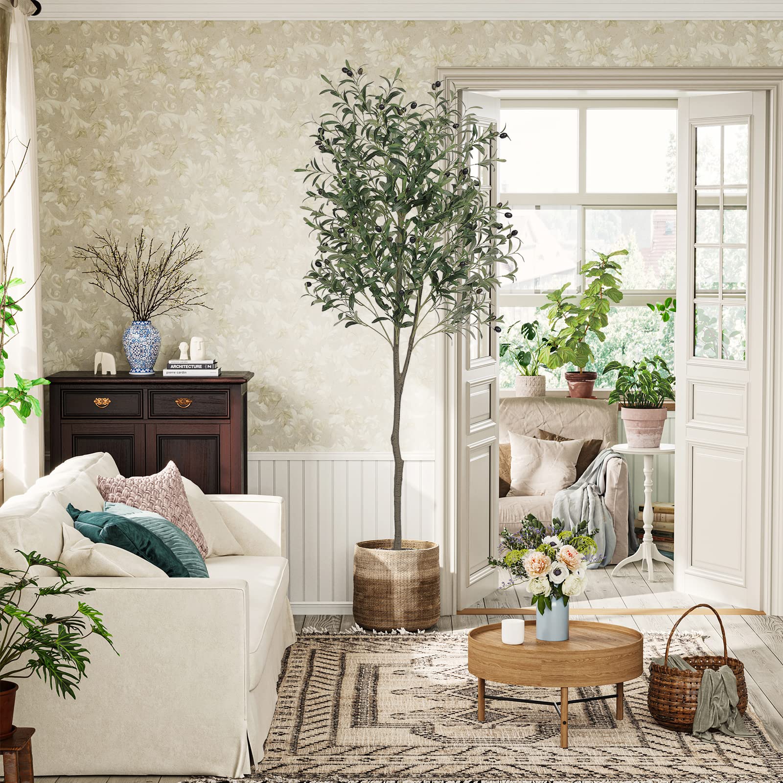 VIAGDO Artificial Olive Tree 6ft Tall Fake Potted Olive Silk Tree with Planter Large Faux Olive Branches and Fruits Artificial Tree for Home Office Living Room Decor Indoor, 1176 Leaves image 6
