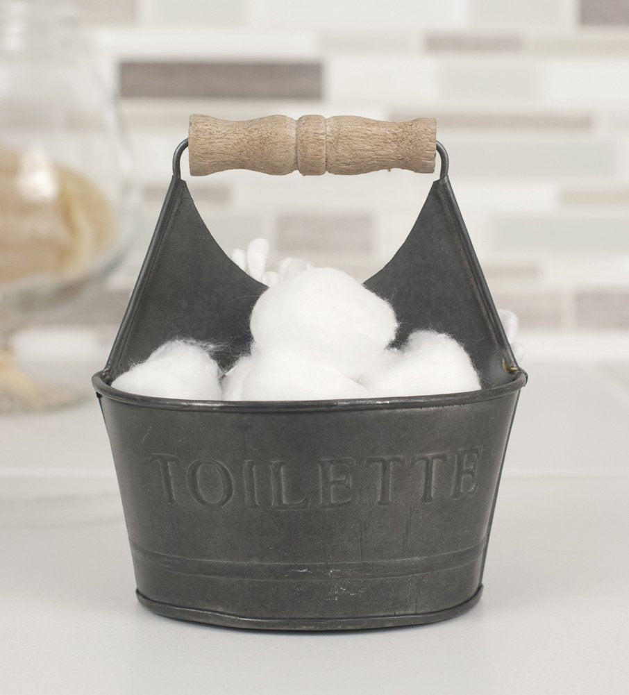 CTW Home Collection Small Gray Colonial Tin Works Toiletries Bathroom Caddy 450156 Metal with Wooden Handle and Toilette on Front Rustic Farmhouse image 1