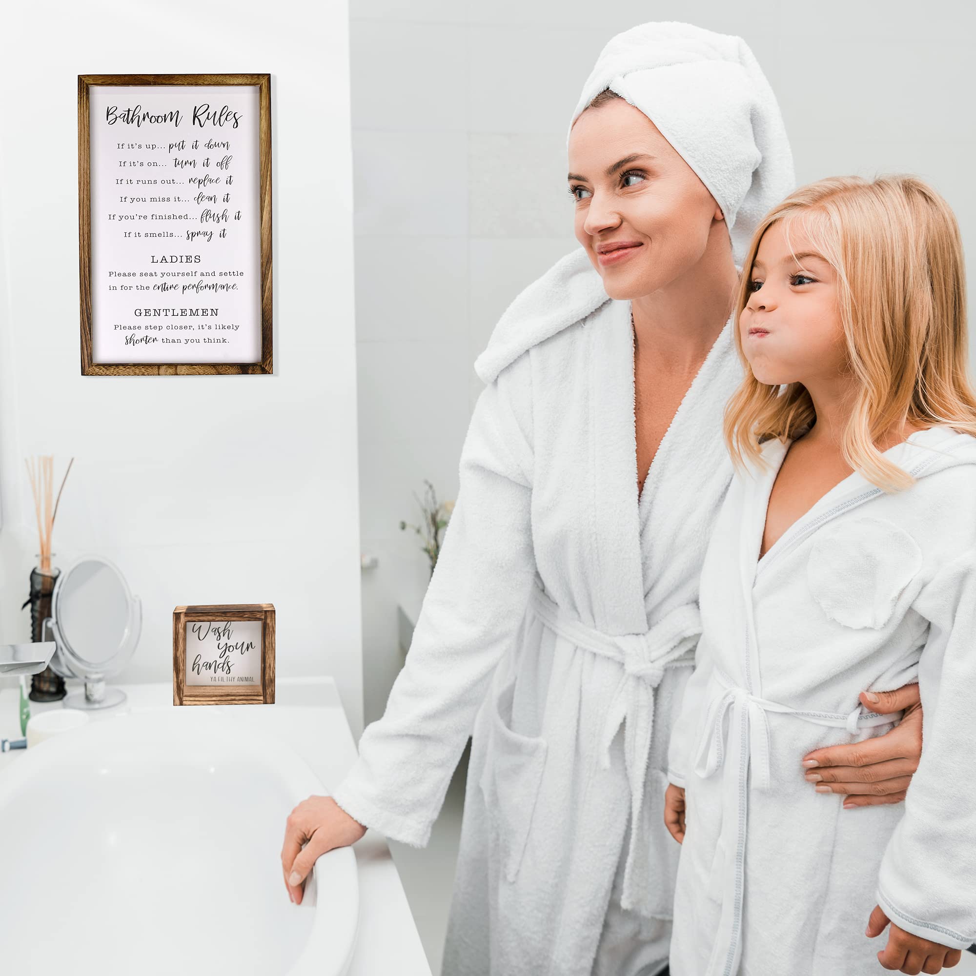 KIBAGA Farmhouse Bathroom Decor Set of 2 - Funny Interchangeable Wall Signs That Will Bring a Good Laugh To Your Bathroom - Rustic Wooden Picture Frames with Unique Sayings Are Perfect For Your Home image 5