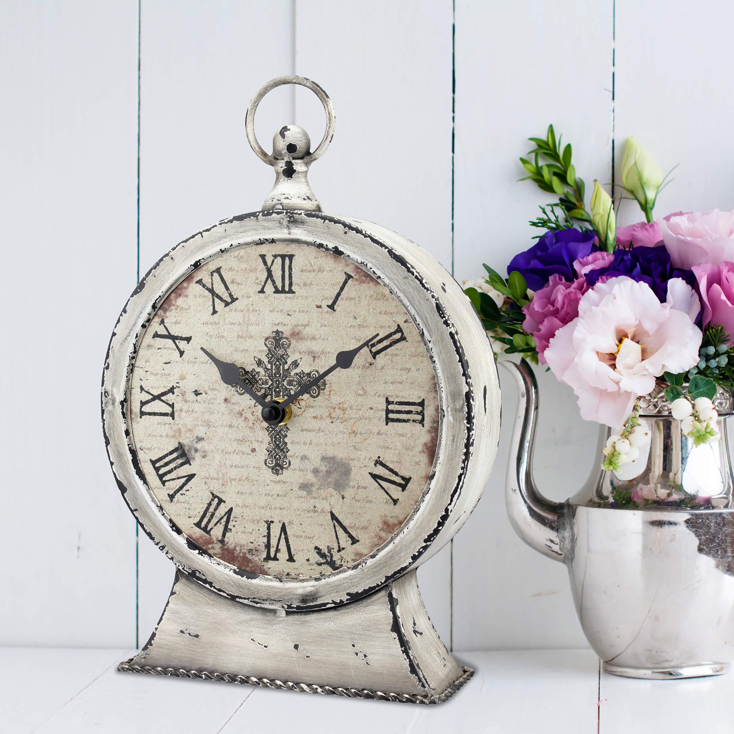 Stonebriar Large 12 Inch Decorative Battery Operated Table Top Clock with Roman Numerals and Antique Finish, 12", Worn White image 1