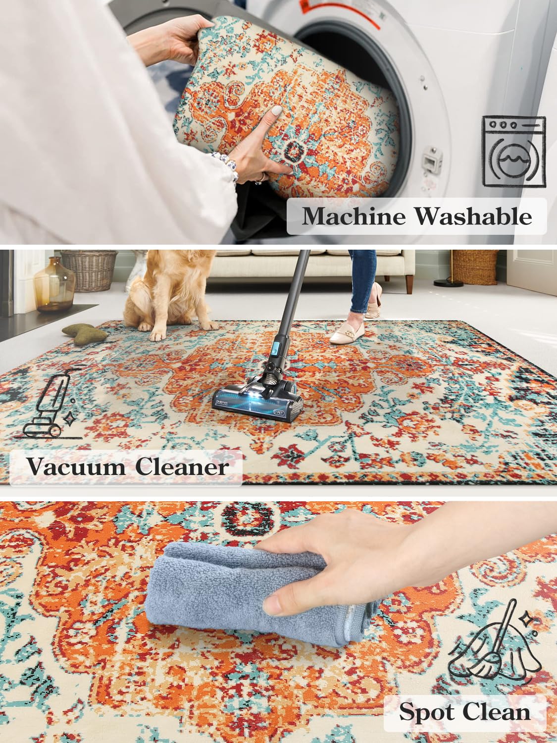 Lahome Washable Round Rugs 5'3"ft, Bohemian Orange Circle Rugs for Living Room, Entryway Round Area Rug, Floral Medallion Soft Non Slip Nursery Carpet for Bedroom Dining Coffee Table image 5