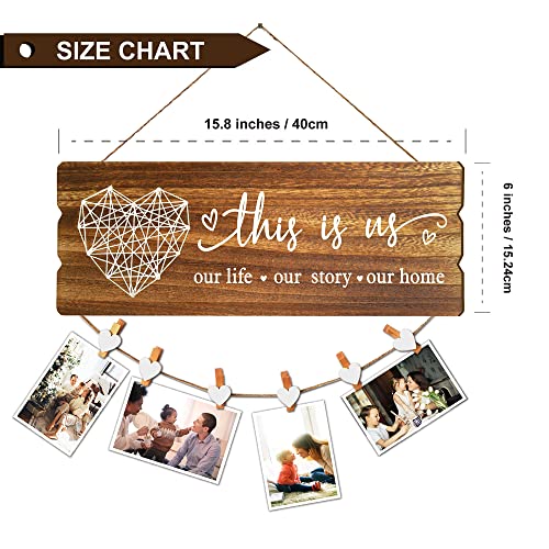 Buecasa Housewarming Gifts New Home Sign Decor - Rustic Wall Hanging Picture Frame with 6 Heart Clips -This Is Us Wall Decor 15.8x6.0 Inches image 2
