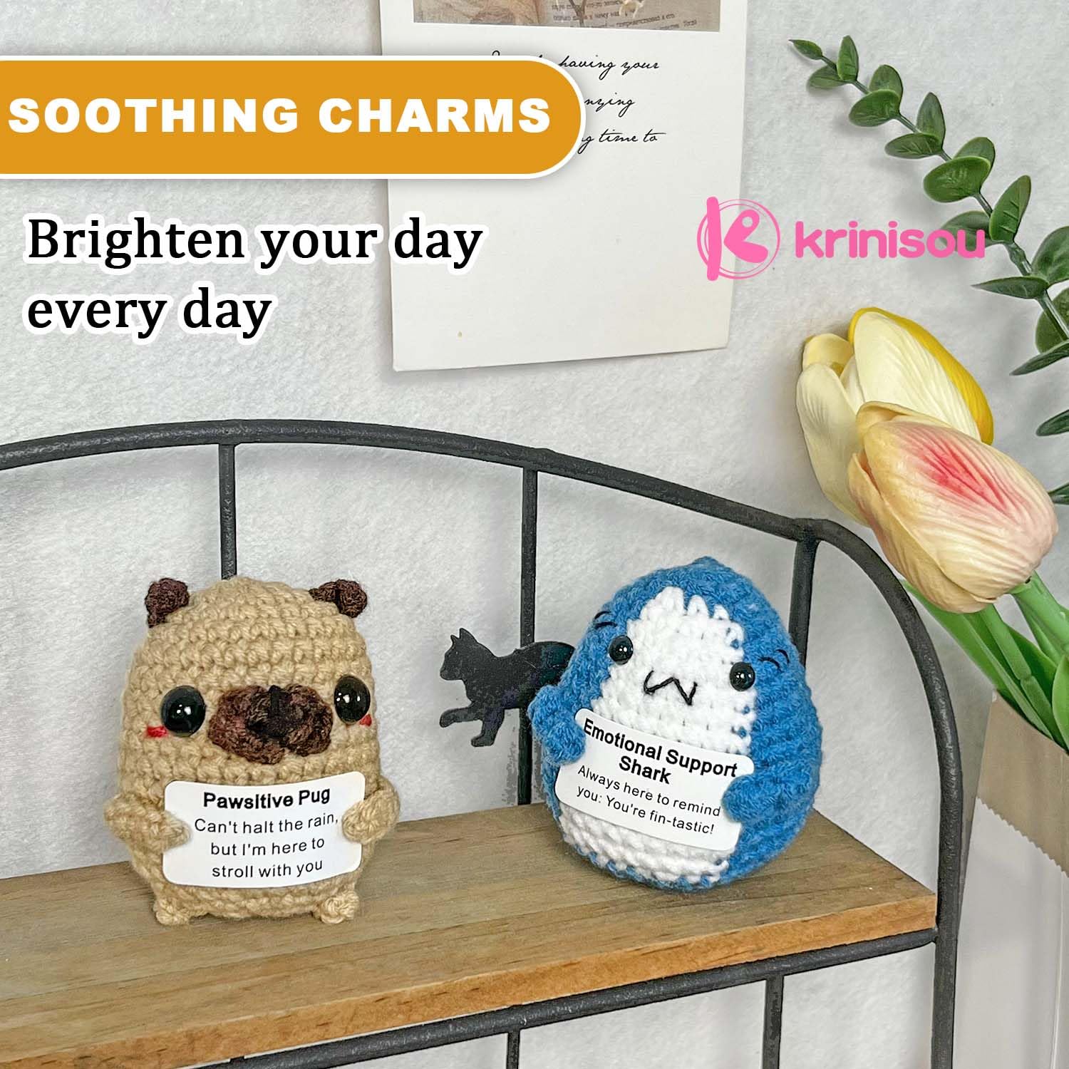 Krinisou Positive Crochet Shark Gifts, Crocheted Emotional Support Animal, Unique Birthday Gift for Shark Lovers Friends Women Men 1Pc image 6