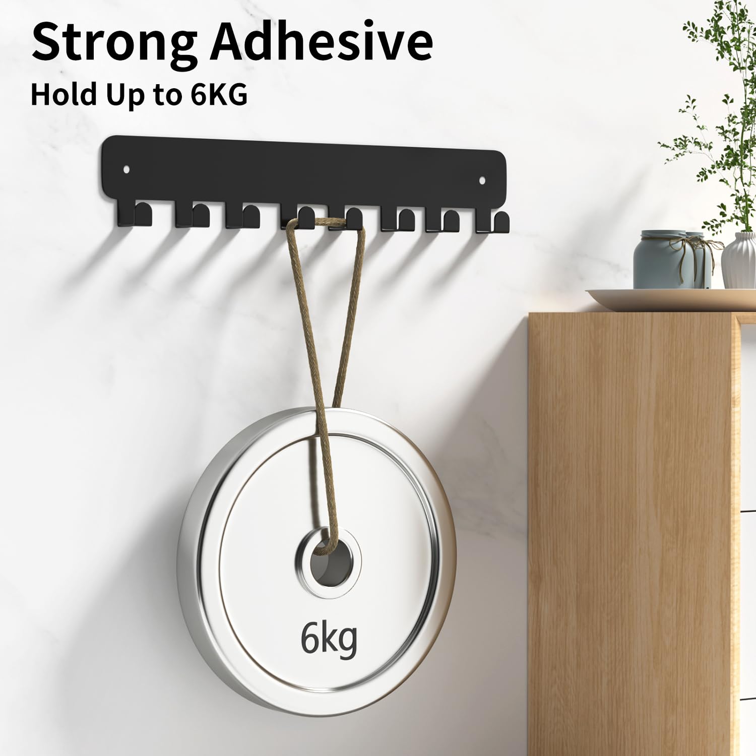 pickpiff 1 Pack Key Holder for Wall Adhesive, Key Hooks with 8 Hooks Wall Mounted, Black Key Hangers for Wall Decor No Drill for Living Room, Kitchen, Office image 6