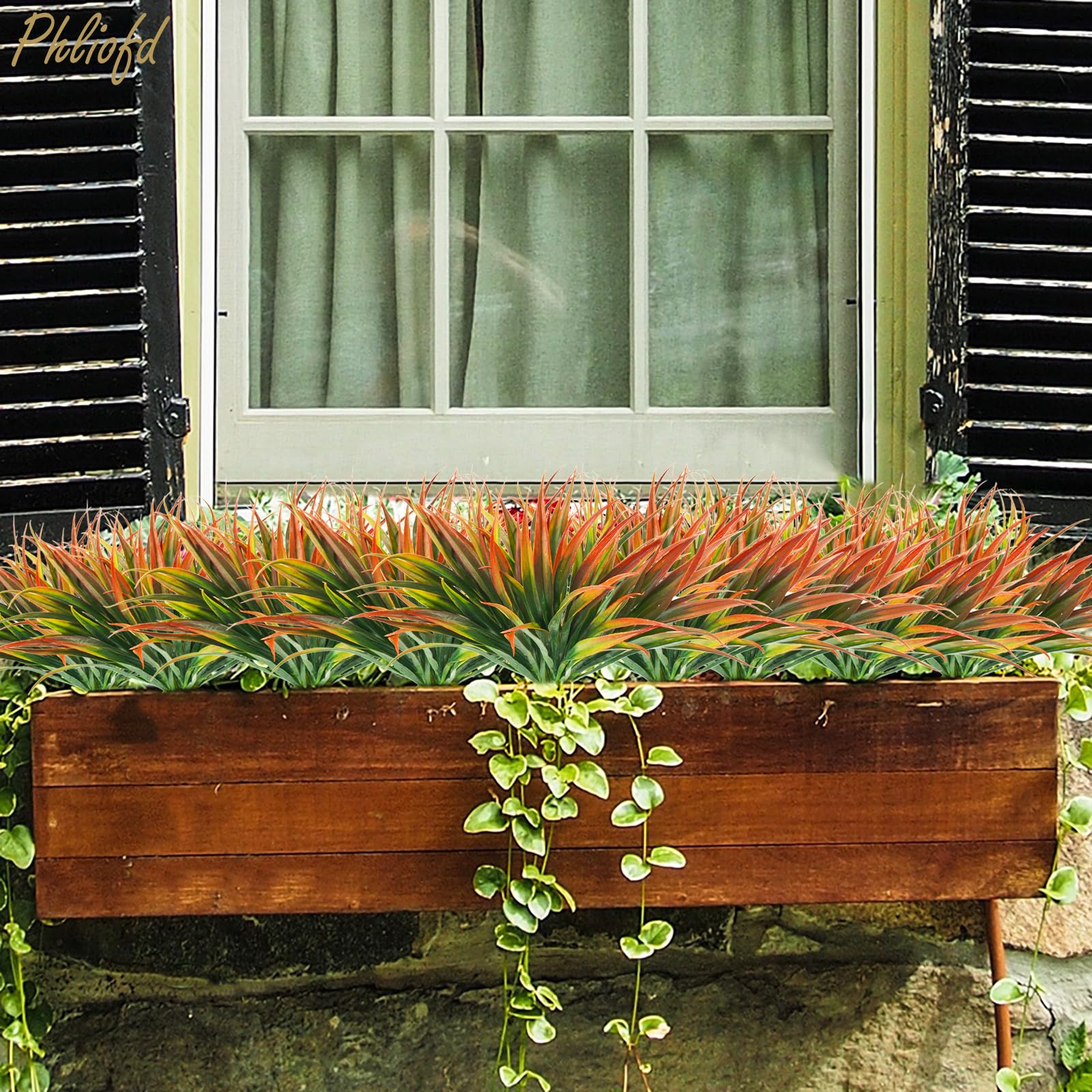 Phliofd 6Pcs Artificial Grass Fake Plants 17.3in Outdoor Plastic Plants UV Resistant Greenery Fake Grass for Home Window Garden Office Patio Hanging Planter Pathway Front Porch Décor Red image 3