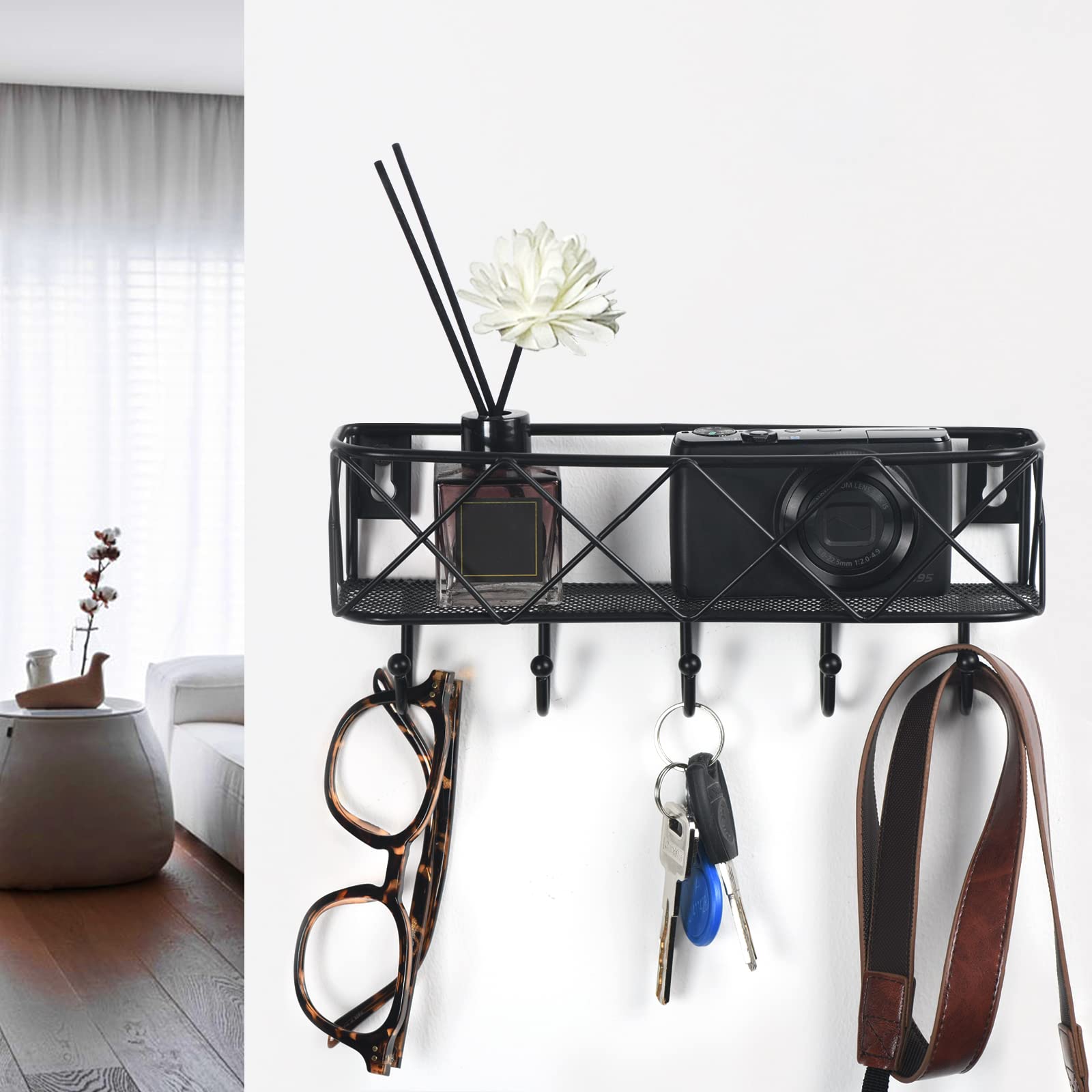 HappyHapi Key Holder for Wall Decorative, Entryway Key Hooks, Wall Mounted Key Rack with 5 Hooks, Metal Wire Mesh Basket Mail Holder, 9.8”Lx2.1”Wx4.1”H image 4