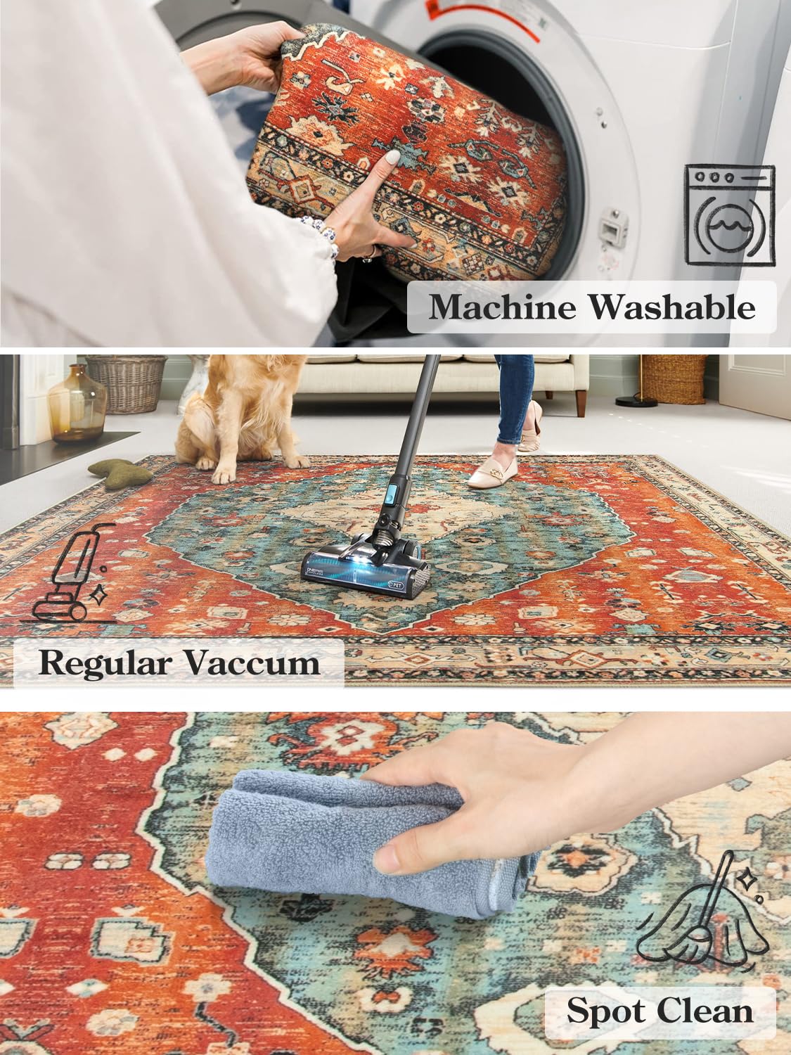 Lahome Boho Tribal Area Rug - 5x7 Large Washable Living Bedroom Rug Distressed Oriental Non-Slip Non-Shedding Print Floor Carpet for Dining Room Home,Rust/Dull Teal image 6