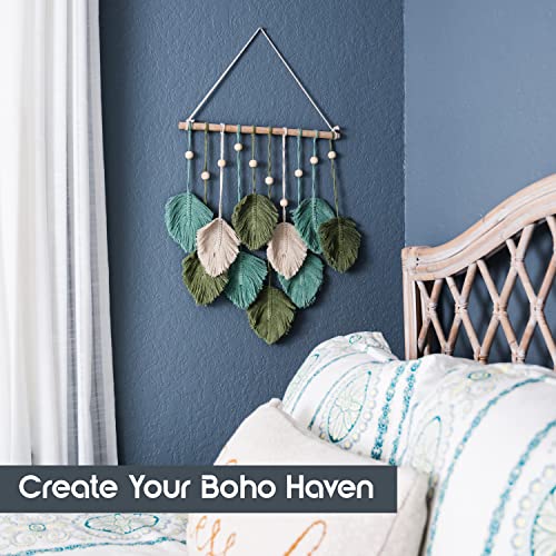 SnugLife Macrame Wall Hanging Leaves - Large Chic Feather Boho Decor, Handmade Yarn Woven Art Leaf Tapestry for Nursery, Bedroom, Living Room, 17 X 22 Inch (Green, Sage Green &amp; Beige) image 1