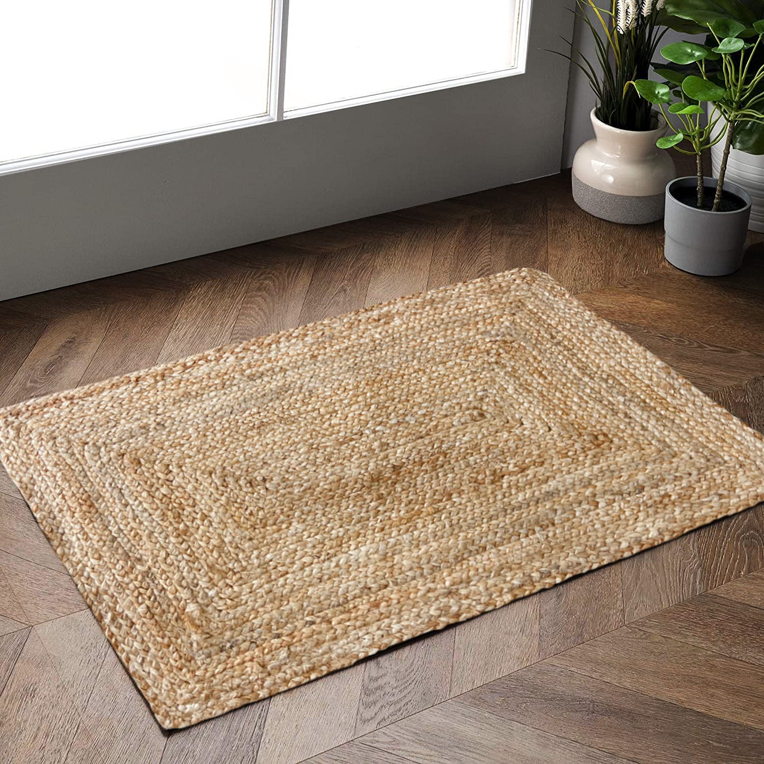 Hausattire Hand Woven Jute Braided Rug, 2'x3' – Natural, Reversible Boho Entry Area Rugs for Kitchen, Living Room I Farmhouse Indoor Outdoor Decorative Floor Rug, 24x36 Inches image 4