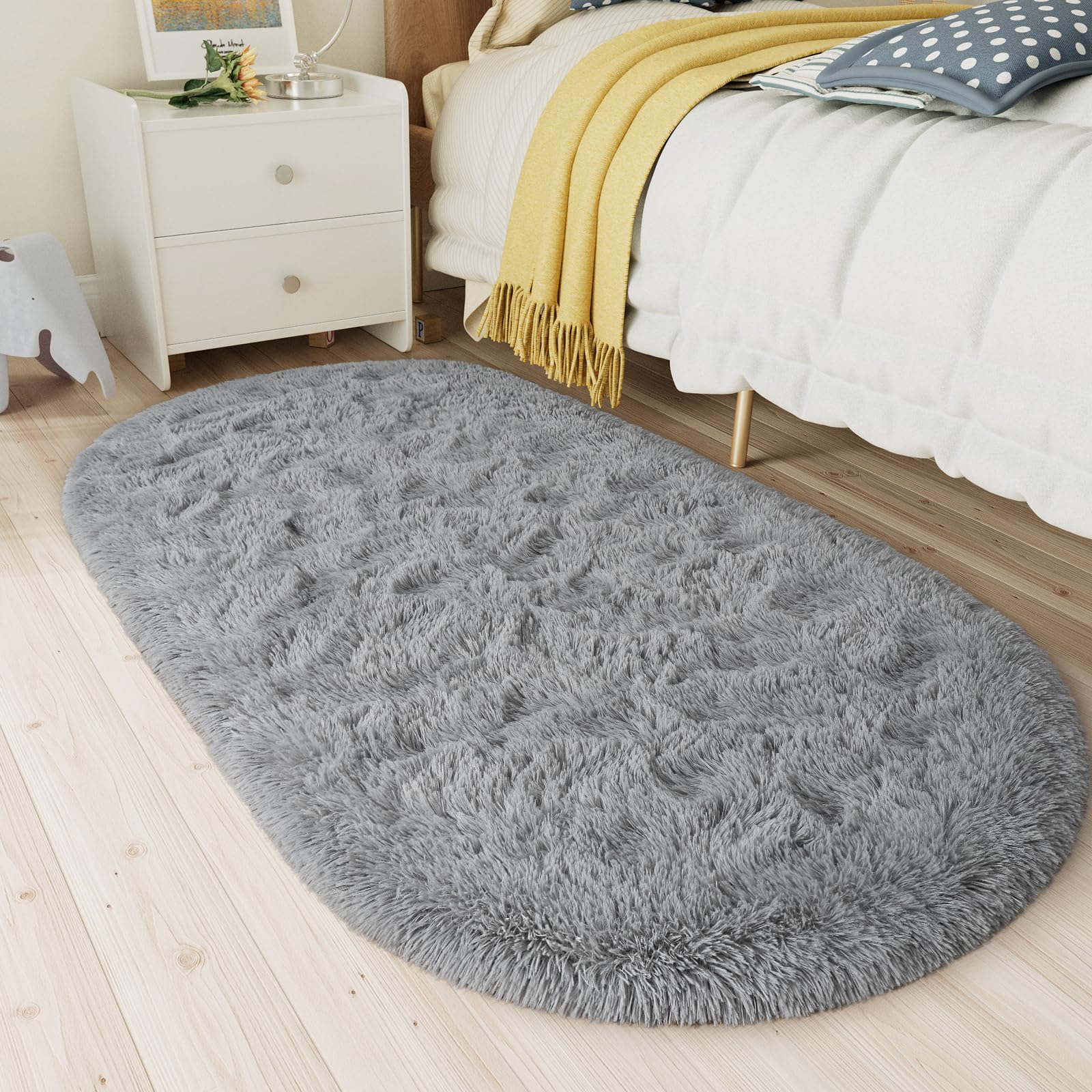 LOCHAS Fluffy Gray Bedroom Rug 2.6' x 5.3', Shaggy Area Rug for Bedroom Bedside, Soft Oval Throw Rugs Carpet for Living Room Kids Girls Home Decor image 1