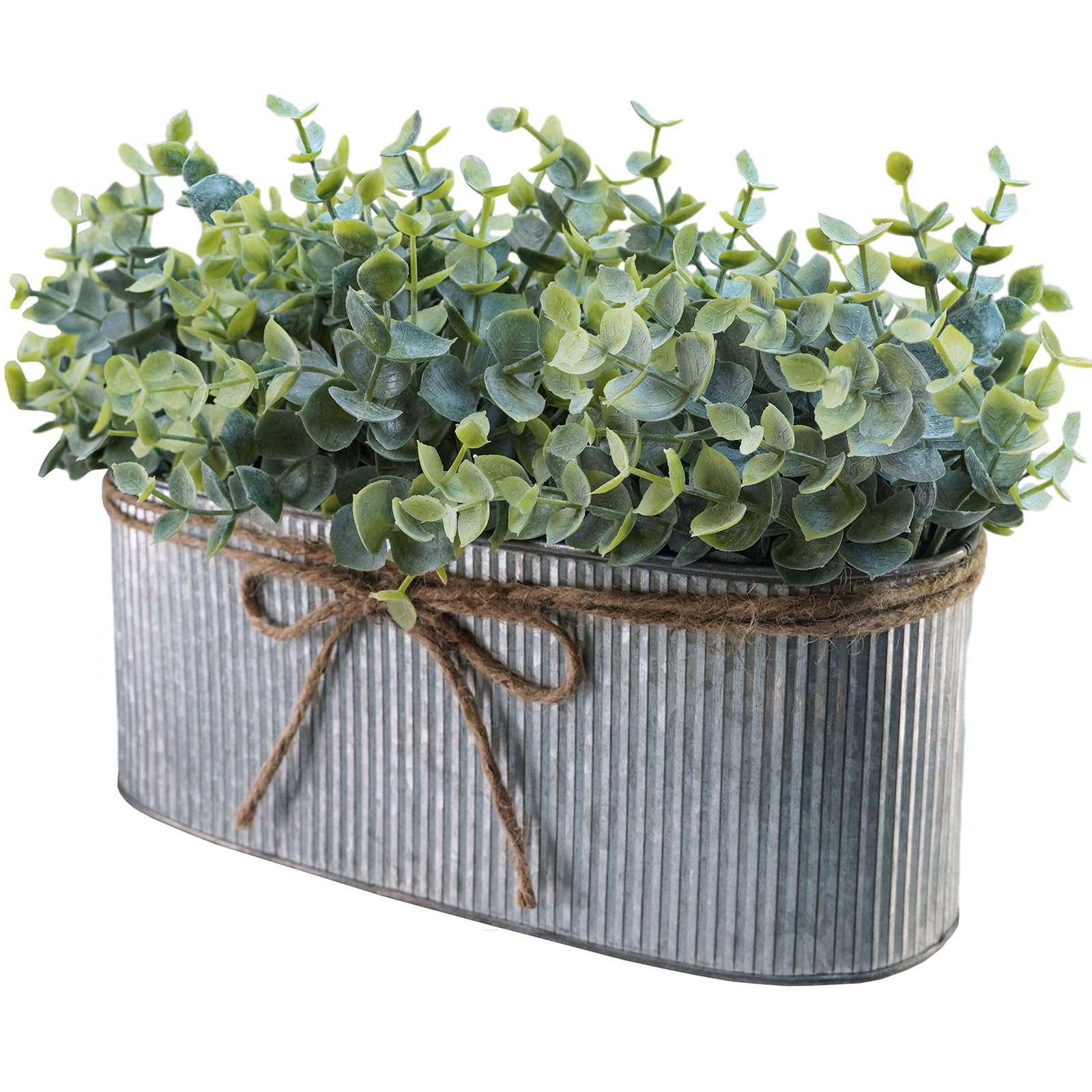 Winlyn Artificial Eucalyptus Arrangement in Rustic Oval Galvanized Metal Planter Box Faux Eucalyptus Bush Greenery Potted Plants for Farmhouse Indoor Home Office Table Centerpiece Kitchen Décor image 8