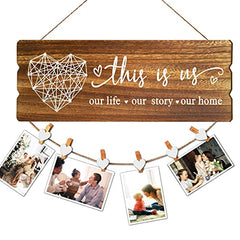 Buecasa Housewarming Gifts New Home Sign Decor - Rustic Wall Hanging Picture Frame with 6 Heart Clips -This Is Us Wall Decor 15.8x6.0 Inches image 0