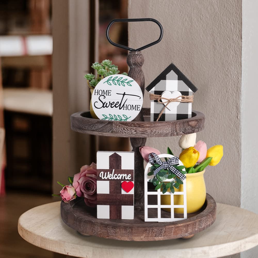 Mustry Rustic Wooden 2 Tiered Tray, Round Farmhouse Kitchen Table Decor Serving Tier Tray, Food Fruits Cupcake Display Coffee Bar Home Party Seasonal Decorations (Brown) image 4
