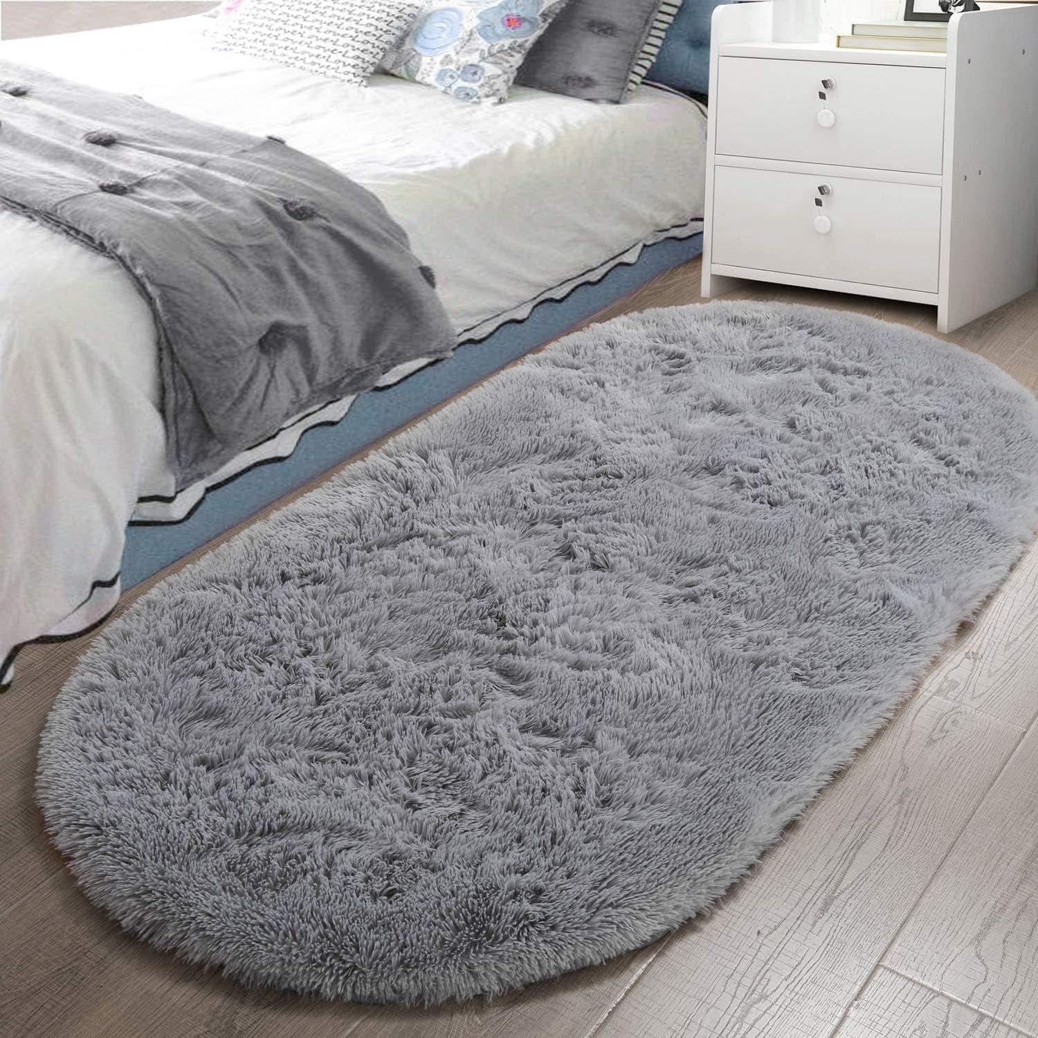 LOCHAS Fluffy Gray Bedroom Rug 2.6' x 5.3', Shaggy Area Rug for Bedroom Bedside, Soft Oval Throw Rugs Carpet for Living Room Kids Girls Home Decor image 0