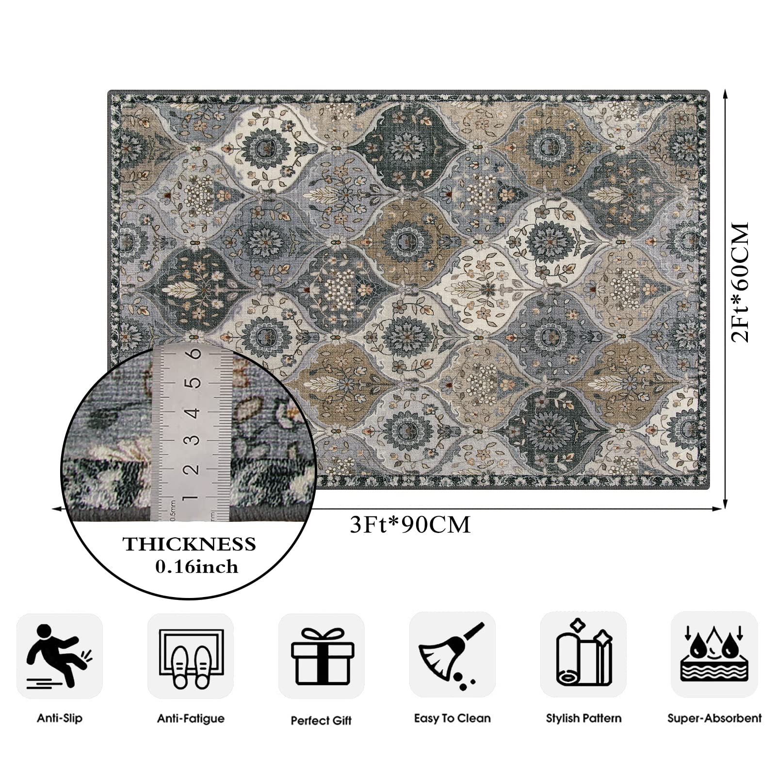 Lahome Moroccan Trellis Area Rug, 2x3 Entry Rug Non-Slip Washable Indoor Door Mat, Small Oriental Accent Throw Rug for Bedroom Kitchen Entryway Bathroom (Grey, 2x3ft) image 5