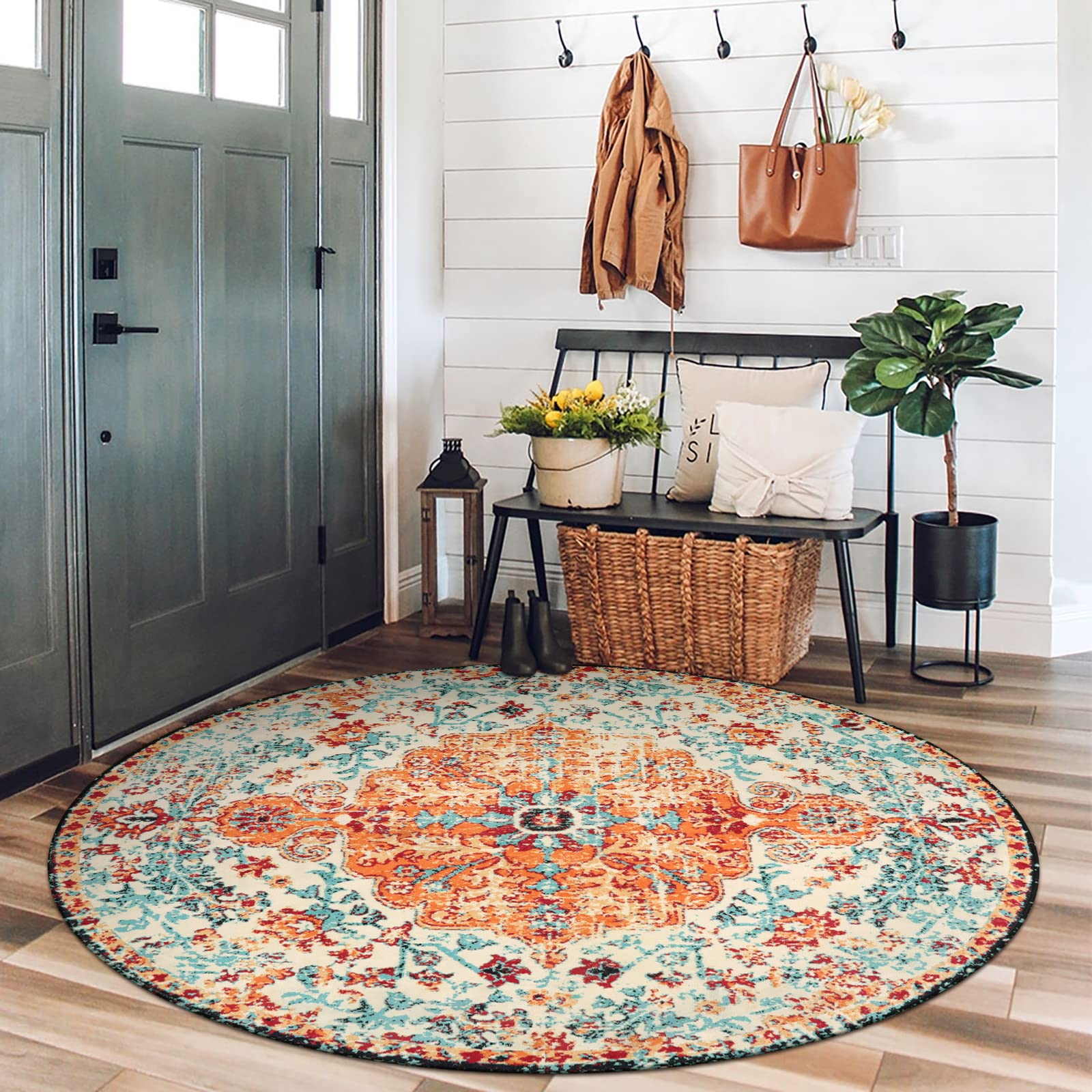 Lahome Washable Round Rugs 5'3"ft, Bohemian Orange Circle Rugs for Living Room, Entryway Round Area Rug, Floral Medallion Soft Non Slip Nursery Carpet for Bedroom Dining Coffee Table image 7
