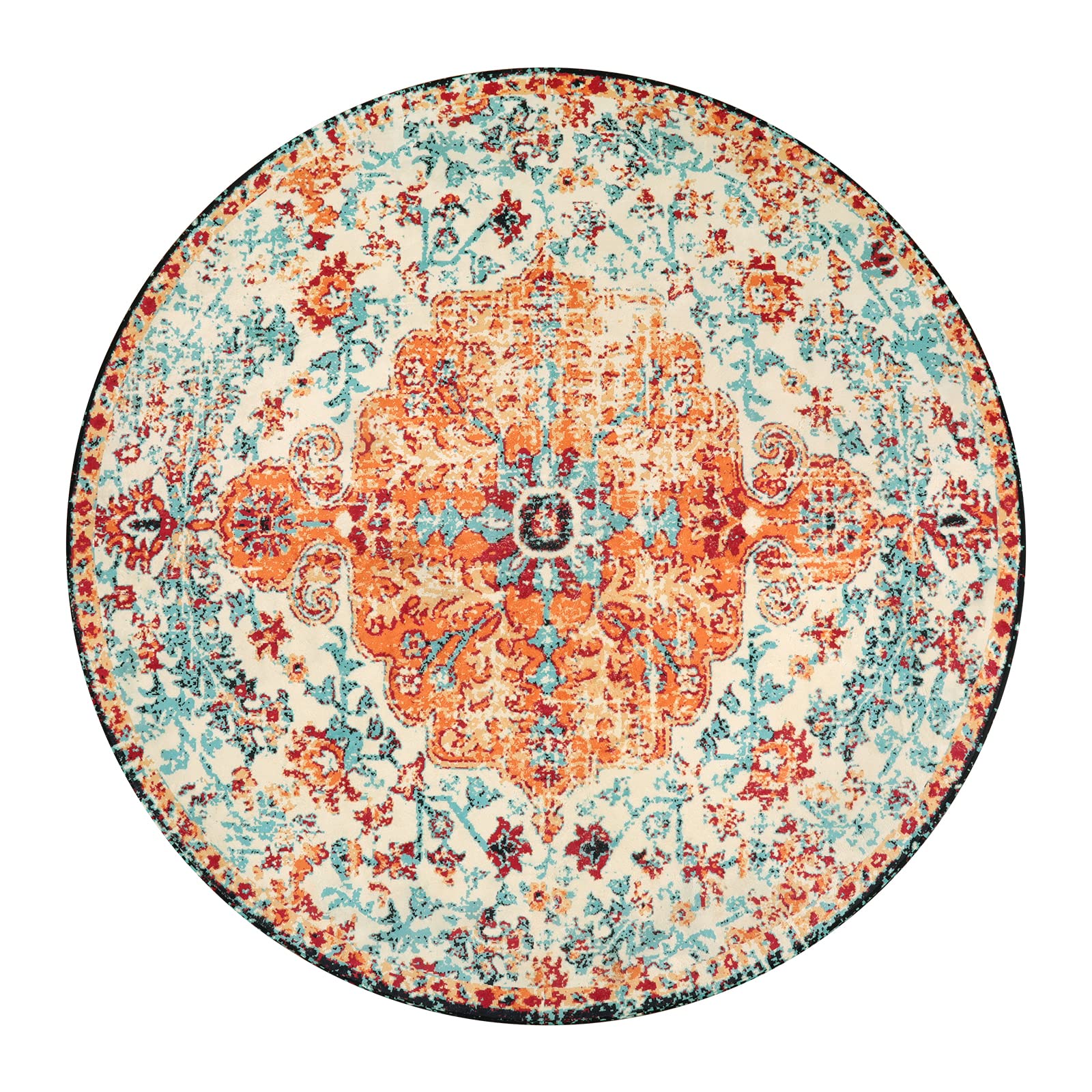 Lahome Washable Round Rugs 5'3"ft, Bohemian Orange Circle Rugs for Living Room, Entryway Round Area Rug, Floral Medallion Soft Non Slip Nursery Carpet for Bedroom Dining Coffee Table image 1