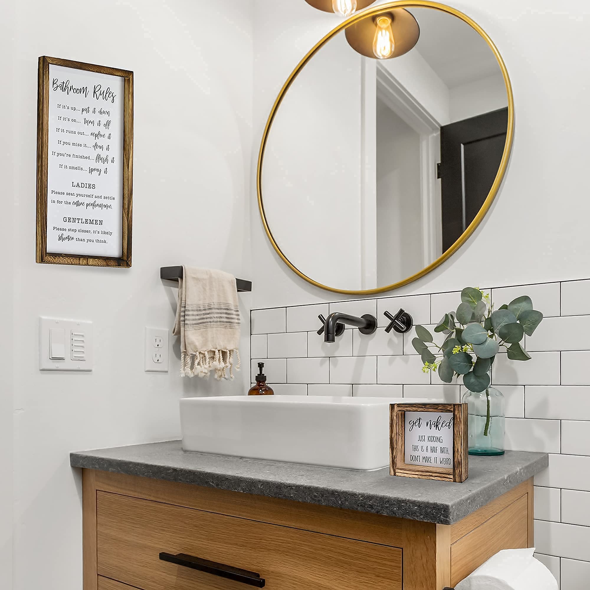 KIBAGA Farmhouse Bathroom Decor Set of 2 - Funny Interchangeable Wall Signs That Will Bring a Good Laugh To Your Bathroom - Rustic Wooden Picture Frames with Unique Sayings Are Perfect For Your Home image 2