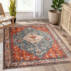 Lahome Boho Tribal Area Rug - 5x7 Large Washable Living Bedroom Rug Distressed Oriental Non-Slip Non-Shedding Print Floor Carpet for Dining Room Home,Rust/Dull Teal image 0