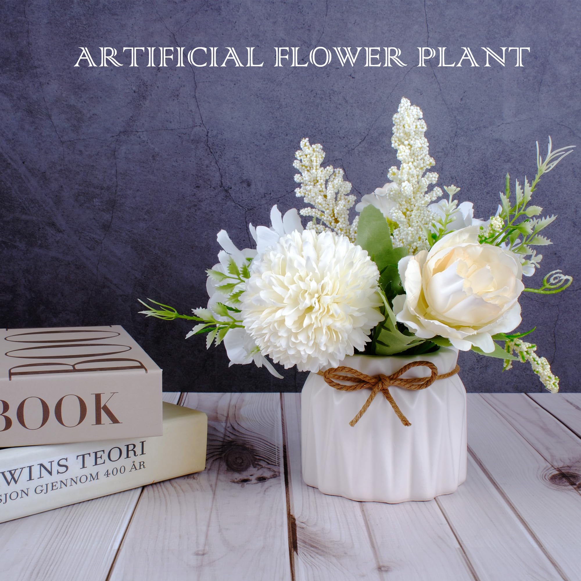 Artificial Potted Flowers White, Small Ceramic Vase Fake Flower Plants Desktop Decoration Indoor for Home and Office, Faux Flowers Hydrangea Decora for Table,Bookshelf,Bedroom,Living Room.(White) image 6