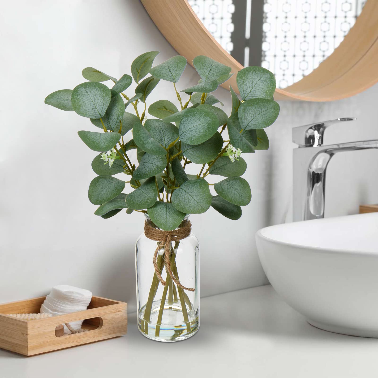 Briful Artificial Eucalyptus Stems in Glass Vase with Faux Water, 14" Fake Plant Eucalyptus Leaves for Home Office Farmhouse Wedding Centerpiece Décor image 3