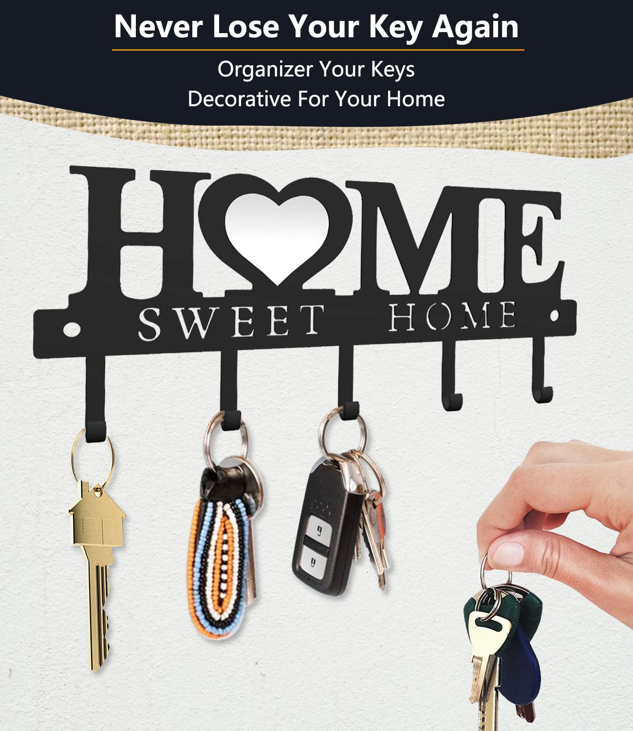 WIPHANY Key Holder Hooks Organizer Hanger Rack Wall Mounted with Screws and Anchors Home Sweet Home Wall Metal Decor for Entryway Front Door Kitchen Hallway Garage Mudroom Office 9.8inches/25cm image 5
