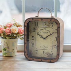 Stonebriar Large Square Rustic Metal Table Top Clock with Handle and Rivet Detail, Industrial Home Decor Accents for the Mantel, Shelf, Desk, or Any Table Top, Battery Operated image 1