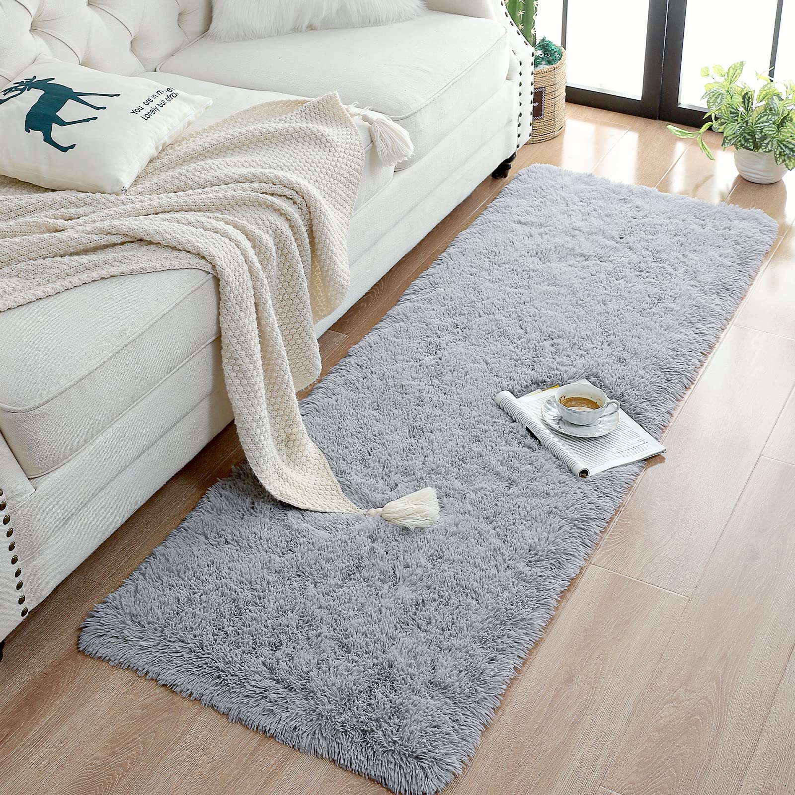 Chicrug Soft Runner Rugs for Bedroom Living Room Plush Fluffy Rug 2x6 Feet, Shag Furry Area Rug Carpet Non Shedding for Nursery Children Kids Girls Room Home Decorative, Grey image 4