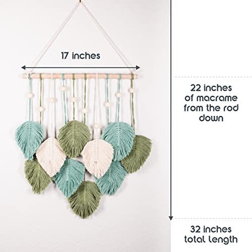 SnugLife Macrame Wall Hanging Leaves - Large Chic Feather Boho Decor, Handmade Yarn Woven Art Leaf Tapestry for Nursery, Bedroom, Living Room, 17 X 22 Inch (Green, Sage Green &amp; Beige) image 5