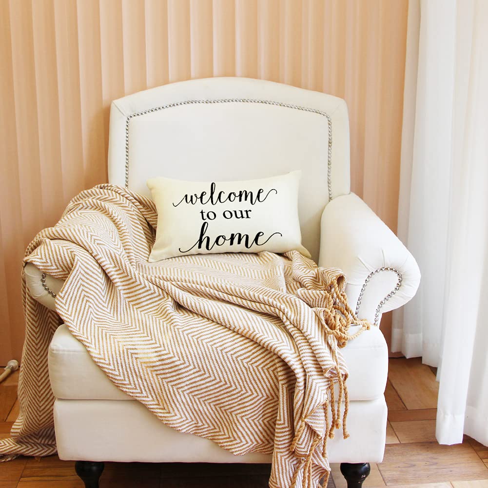 Ogiselestyle Farmhouse Pillow Covers with Welcome to Our Home Quotes 12 x 20 Inch Home Decorative Cushion Case for Sofa Couch Housewarming Gifts Family Room Décor image 5