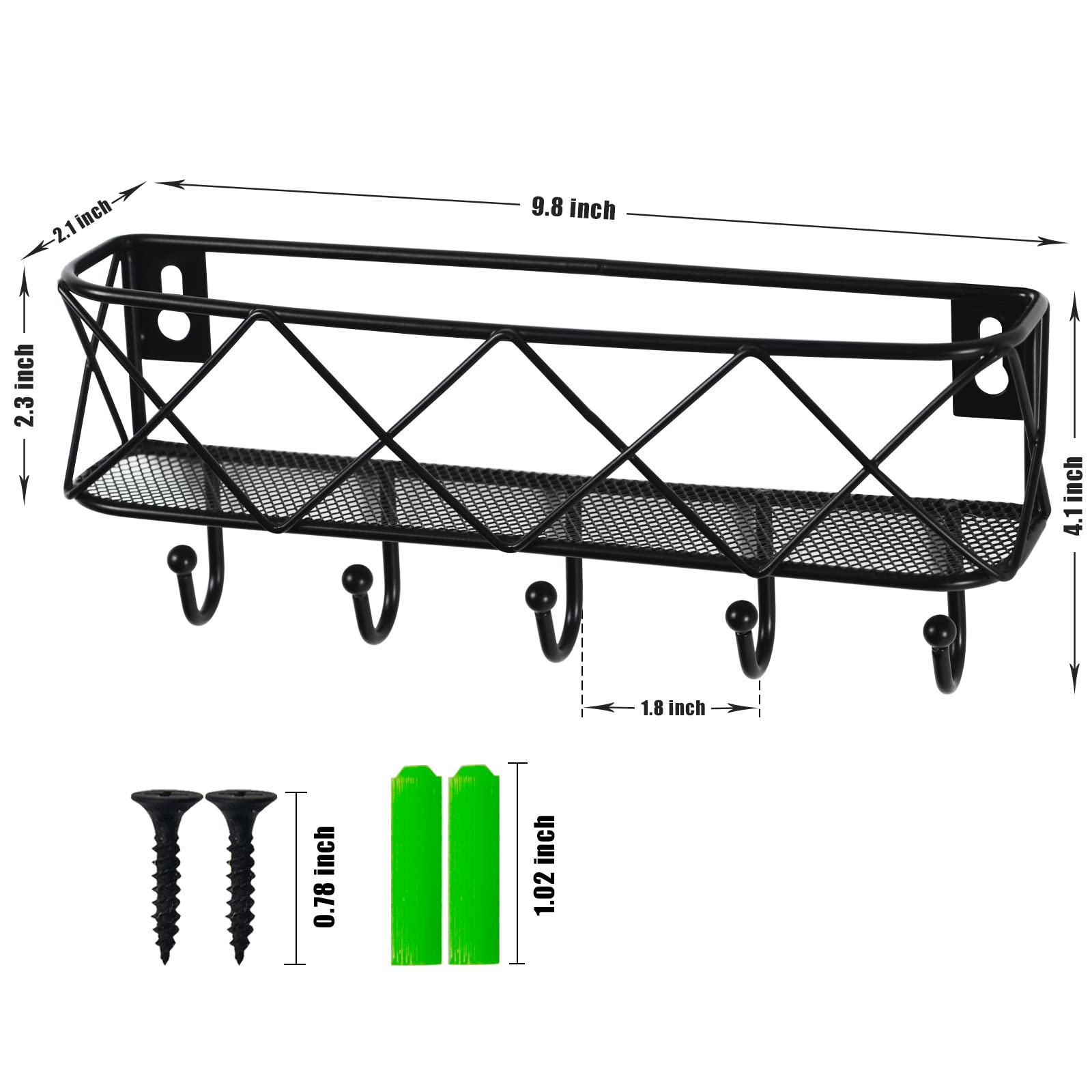 HappyHapi Key Holder for Wall Decorative, Entryway Key Hooks, Wall Mounted Key Rack with 5 Hooks, Metal Wire Mesh Basket Mail Holder, 9.8”Lx2.1”Wx4.1”H image 6