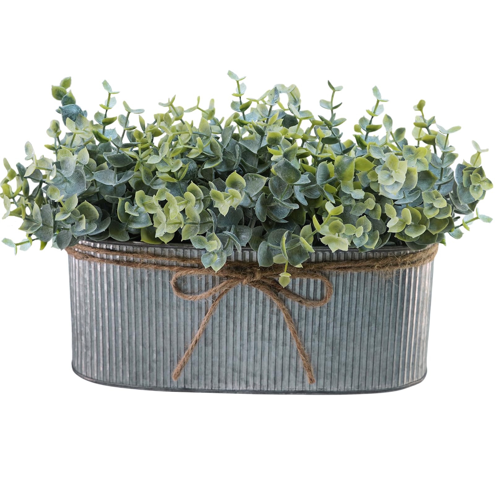 Winlyn Artificial Eucalyptus Arrangement in Rustic Oval Galvanized Metal Planter Box Faux Eucalyptus Bush Greenery Potted Plants for Farmhouse Indoor Home Office Table Centerpiece Kitchen Décor image 0