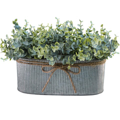 Winlyn Artificial Eucalyptus Arrangement in Rustic Oval Galvanized Metal Planter Box Faux Eucalyptus Bush Greenery Potted Plants for Farmhouse Indoor Home Office Table Centerpiece Kitchen Décor image 0