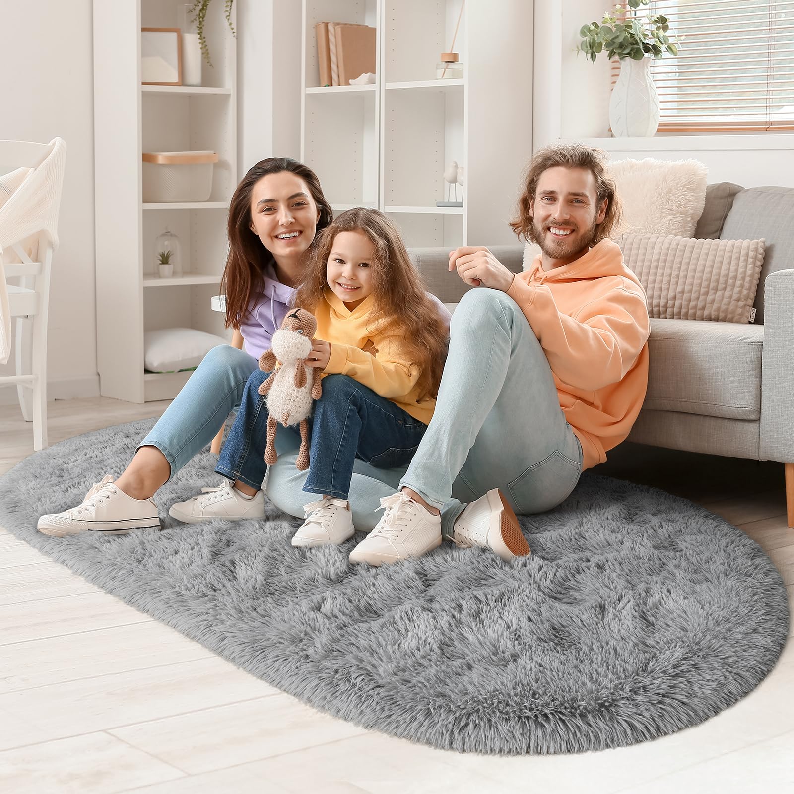 LOCHAS Fluffy Gray Bedroom Rug 2.6' x 5.3', Shaggy Area Rug for Bedroom Bedside, Soft Oval Throw Rugs Carpet for Living Room Kids Girls Home Decor image 7