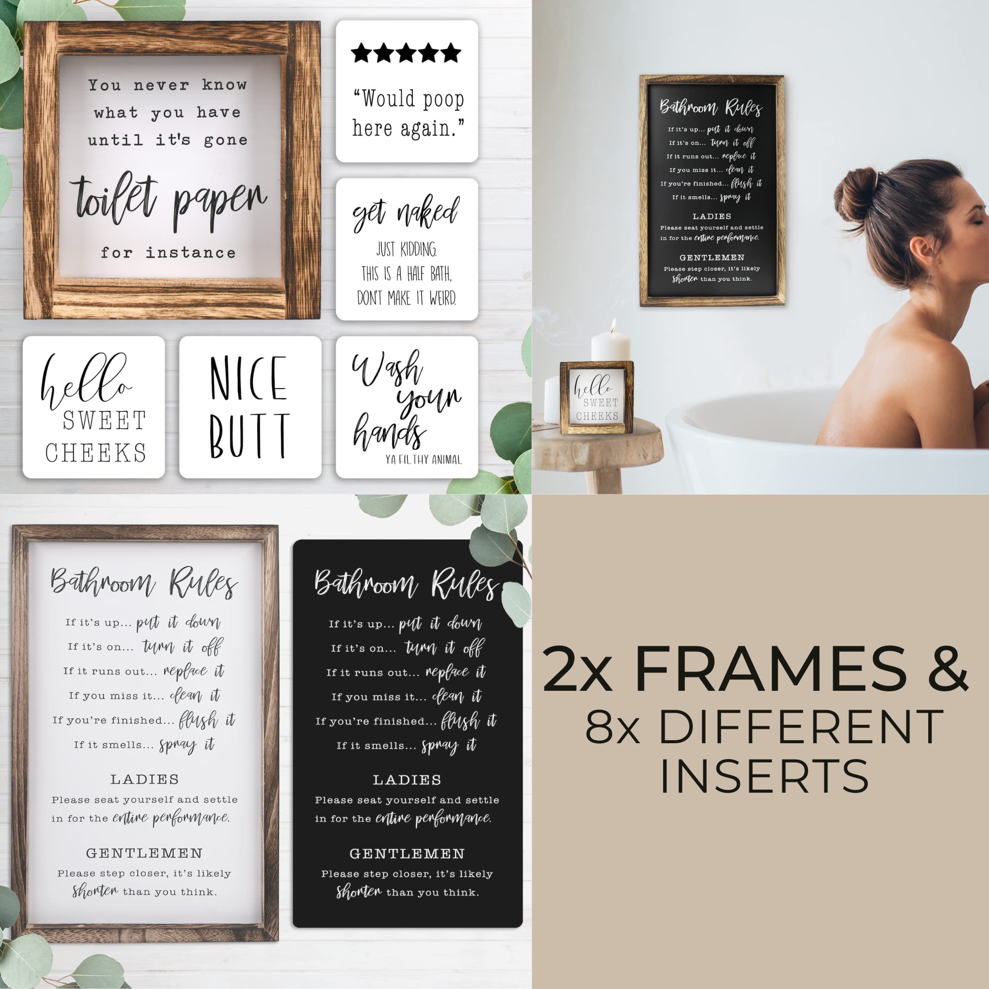 KIBAGA Farmhouse Bathroom Decor Set of 2 - Funny Interchangeable Wall Signs That Will Bring a Good Laugh To Your Bathroom - Rustic Wooden Picture Frames with Unique Sayings Are Perfect For Your Home image 6