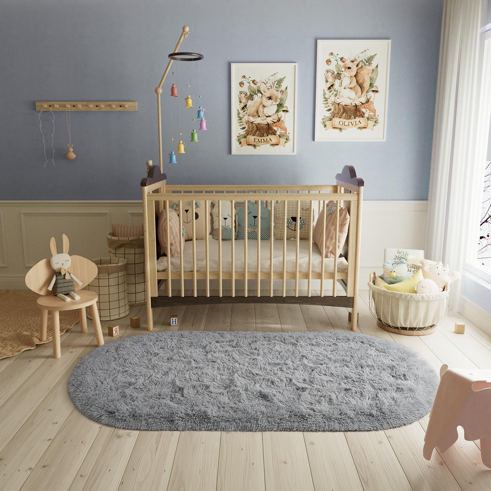 LOCHAS Fluffy Gray Bedroom Rug 2.6' x 5.3', Shaggy Area Rug for Bedroom Bedside, Soft Oval Throw Rugs Carpet for Living Room Kids Girls Home Decor image 6